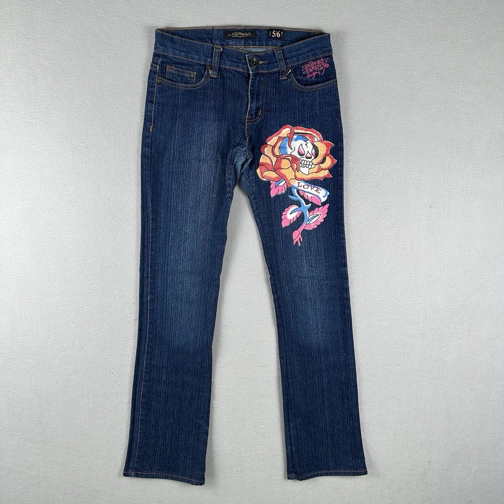 Y2K Ed Hardy Bootcut Jeans Women's 5/6 (30x34) Blue Denim Flower Cougar Tattoo
